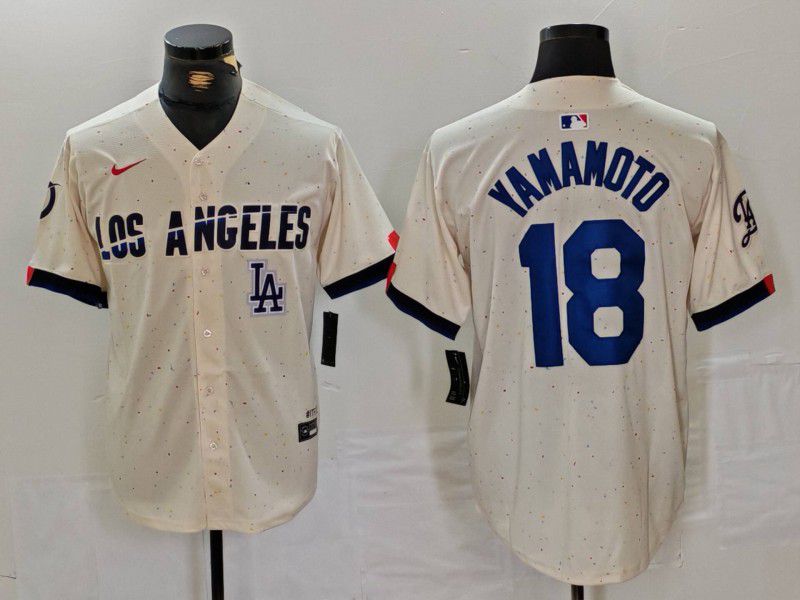 Men Los Angeles Dodgers #18 Yamamoto Cream Fashion Nike Game MLB Jersey style 34
